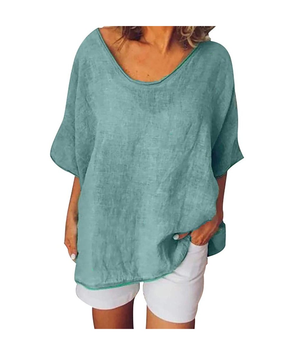 Shapewear Women Casual V Neck Solid Blouse Top Loose Cotton Linen Long Sleeve T-Shirts Plus Size Tunic Tops - Green - C5199I5...