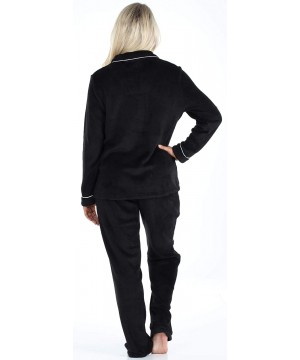 Sets Women's Plush Fleece Long Sleeve 2-Piece Button-Down Pajamas PJ Set - Black - CZ18Q0T2I27