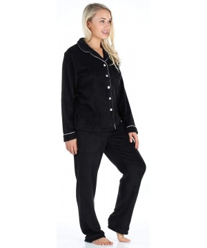 Sets Women's Plush Fleece Long Sleeve 2-Piece Button-Down Pajamas PJ Set - Black - CZ18Q0T2I27