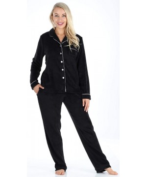 Sets Women's Plush Fleece Long Sleeve 2-Piece Button-Down Pajamas PJ Set - Black - CZ18Q0T2I27