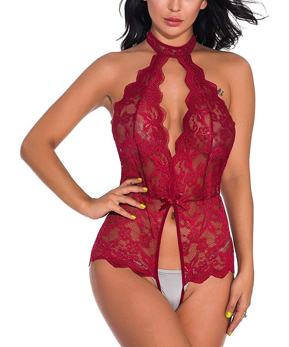 Baby Dolls & Chemises Lingerie for Women One Piece Babydoll Starp Lace Sexy Teddy Sleepwear - Onepiece Red - CD18T7GZN96