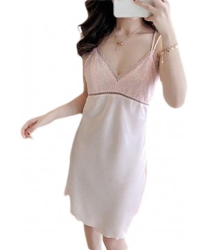 Nightgowns & Sleepshirts Spaghetti Strap Loungewear Satin Sexy Nightwear Nightgown - Pink - CU19CSCWZ7M