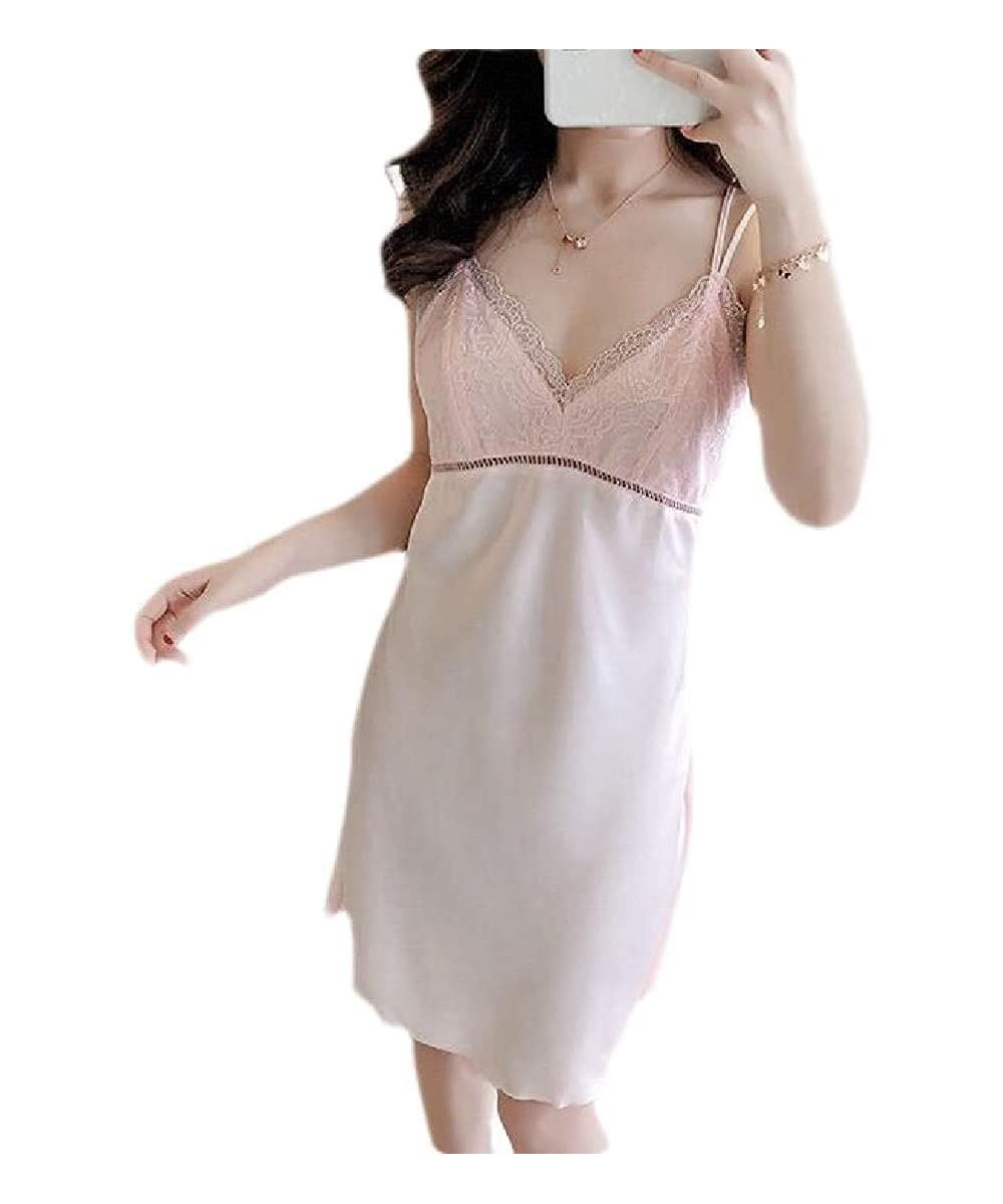 Nightgowns & Sleepshirts Spaghetti Strap Loungewear Satin Sexy Nightwear Nightgown - Pink - CU19CSCWZ7M