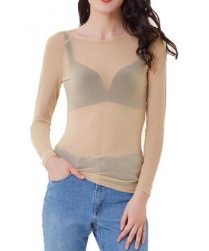 Shapewear Women's Basic Long Sleeves Mesh Sheer Tops - Nude - CP18IU605AG