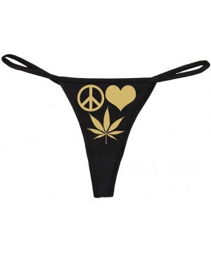 Panties Women's Peace Love Pot Sexy Hippy Weed Thong - Black/Sand - CW11UPM1TFZ