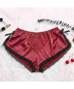 Thermal Underwear Women Shorts Silk Satin Sexy Lace Floral Bow Pajamas Underwear - Red - CX19834ZK2M