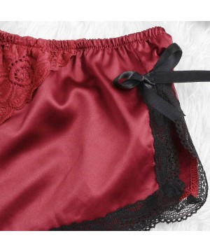 Thermal Underwear Women Shorts Silk Satin Sexy Lace Floral Bow Pajamas Underwear - Red - CX19834ZK2M