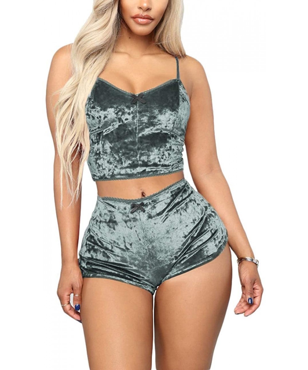 Sets Women's 2 Piece Velvet Outfits Spaghetti Strap Crop Top + Shorts Pajama Set - C Grey - C919DEQ0SM8