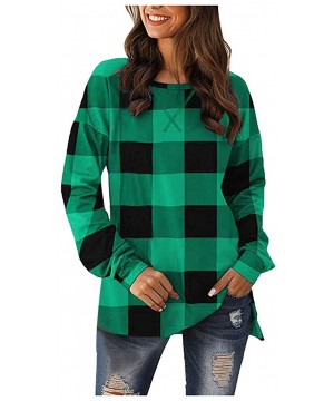 Thermal Underwear Women Fashion Plaid Print Shirt Cold Shoulder Long Sleeve Blouse Splice Top - C-green - CD193ZKZDQH