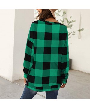 Thermal Underwear Women Fashion Plaid Print Shirt Cold Shoulder Long Sleeve Blouse Splice Top - C-green - CD193ZKZDQH