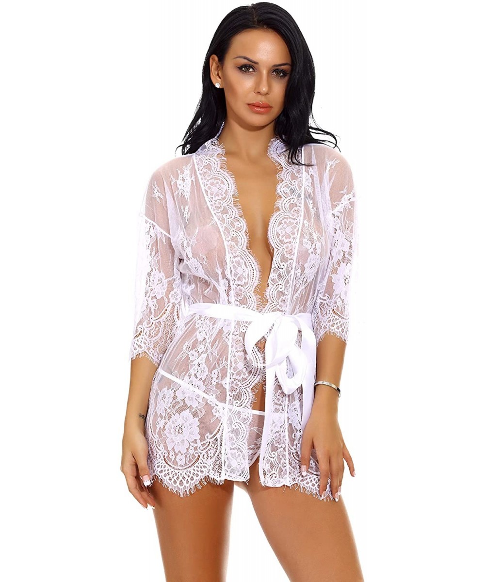 Nightgowns & Sleepshirts Sexy Women Lace Kimono Robe Sheer Mesh Nightgown Babydoll Lingerie Sleepwear Robe Set - White - C818...