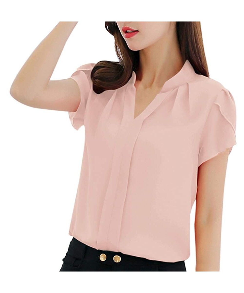 Accessories Fashion Womens Casual Chiffon Short Sleeve Splice Lace Crop Top Blouse - Pink-b - CG18SWCYA0Q