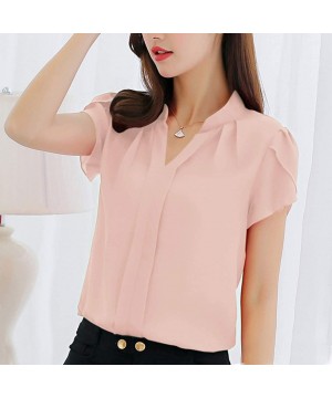 Accessories Fashion Womens Casual Chiffon Short Sleeve Splice Lace Crop Top Blouse - Pink-b - CG18SWCYA0Q