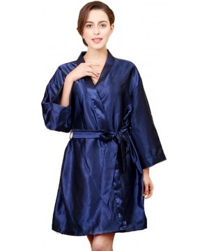 Robes Women's Short Satin Kimono Plus Robes Housecoat Loungewear - Navy Blue - C6197YMSTSX