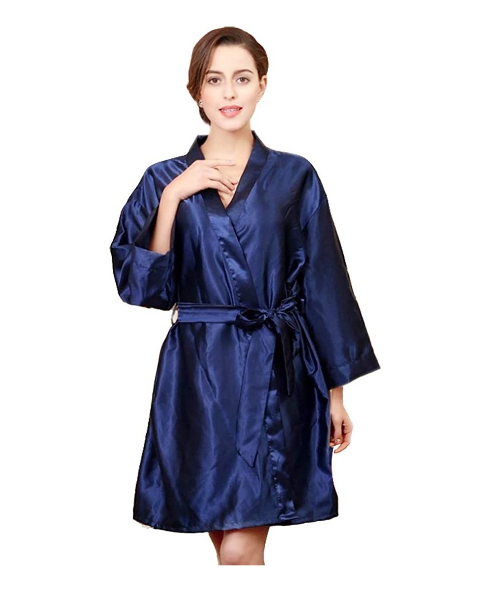 Robes Women's Short Satin Kimono Plus Robes Housecoat Loungewear - Navy Blue - C6197YMSTSX