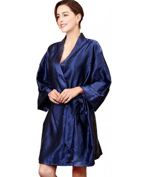 Robes Women's Short Satin Kimono Plus Robes Housecoat Loungewear - Navy Blue - C6197YMSTSX