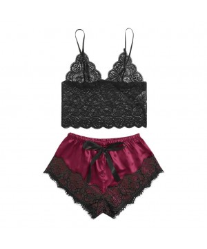 Sets Womens Solid Lace Cami Top with Shorts with Panties 2 Piece Set Sexy Lingerie Pajama Set Sleepwear S Wine Wine - C819CMR...