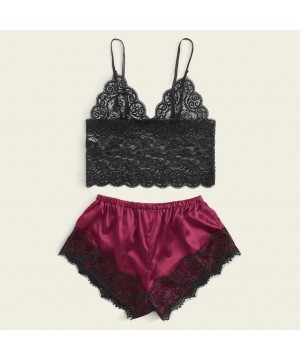 Sets Womens Solid Lace Cami Top with Shorts with Panties 2 Piece Set Sexy Lingerie Pajama Set Sleepwear S Wine Wine - C819CMR...