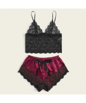 Sets Womens Solid Lace Cami Top with Shorts with Panties 2 Piece Set Sexy Lingerie Pajama Set Sleepwear S Wine Wine - C819CMR...