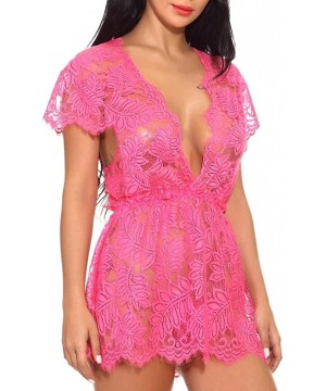 Baby Dolls & Chemises Women Sexy Lingerie Lace Babydoll Deep V Neck Sleepwear Short Sleeve Underwear - Hot Pink - C818DSKKGD4