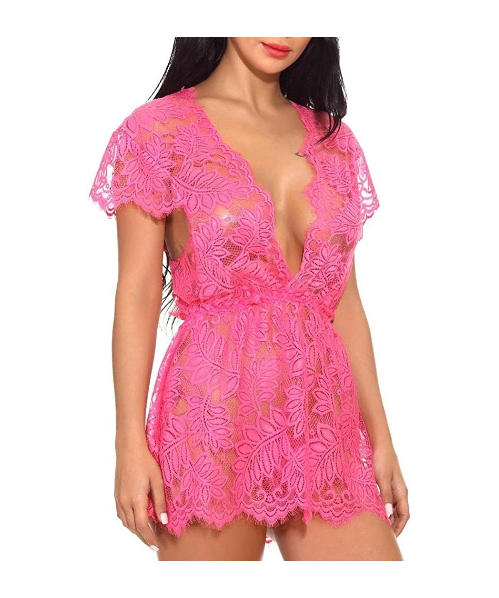 Baby Dolls & Chemises Women Sexy Lingerie Lace Babydoll Deep V Neck Sleepwear Short Sleeve Underwear - Hot Pink - C818DSKKGD4