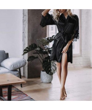 Robes PJ Women's Sexy Silk Kimono Dressing Babydoll Lace Lingerie Belt Bath Robe Nightwear - Black - C818QKDUT2Y