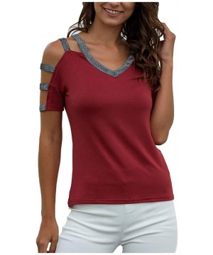 Thermal Underwear Women V-Neck Spliced Cut-Out Strapless T-Shirt Summer Casual Short Sleeved Tops - Wine - C7197K2I0CI