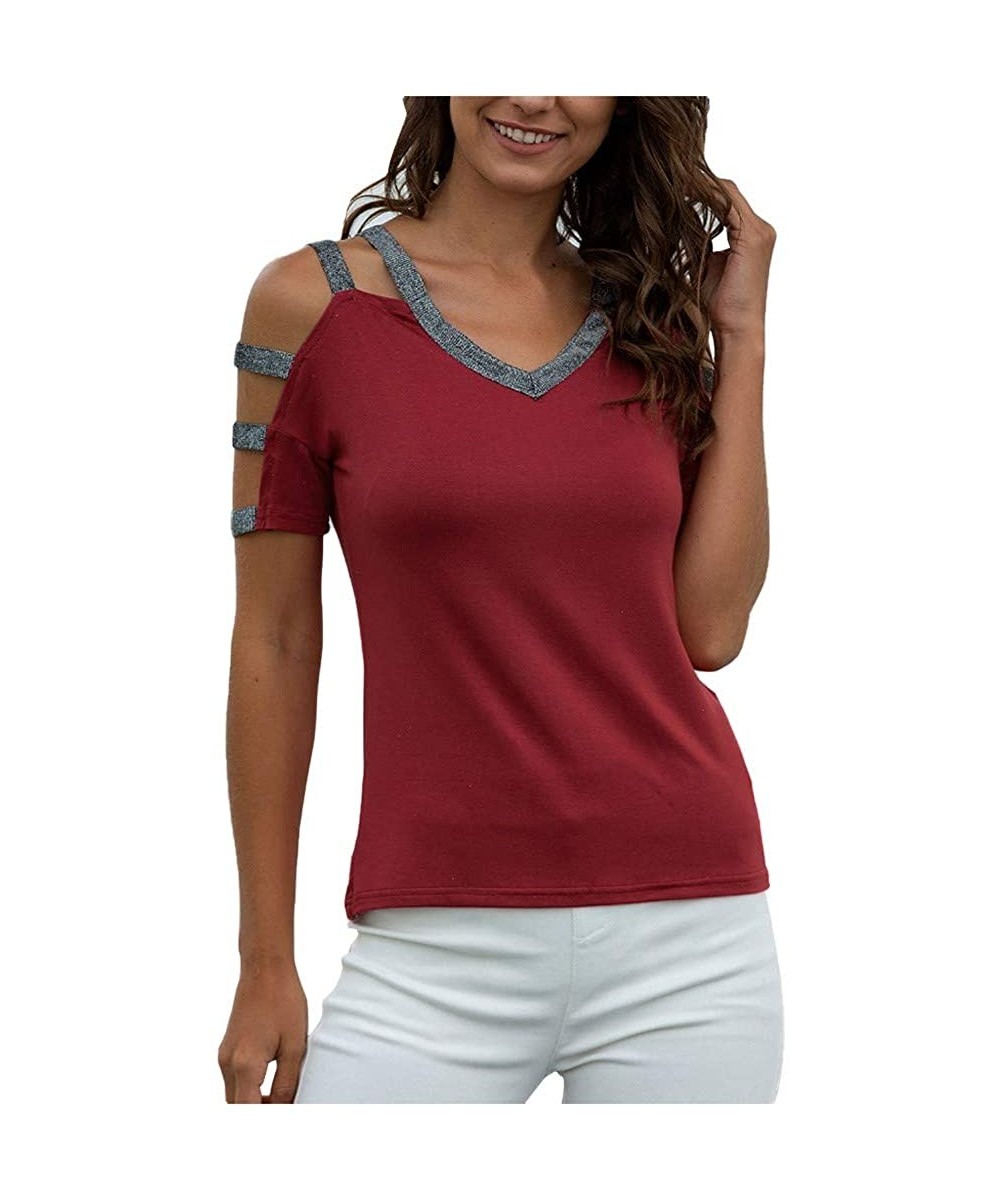 Thermal Underwear Women V-Neck Spliced Cut-Out Strapless T-Shirt Summer Casual Short Sleeved Tops - Wine - C7197K2I0CI