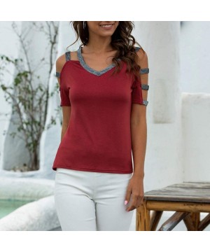 Thermal Underwear Women V-Neck Spliced Cut-Out Strapless T-Shirt Summer Casual Short Sleeved Tops - Wine - C7197K2I0CI