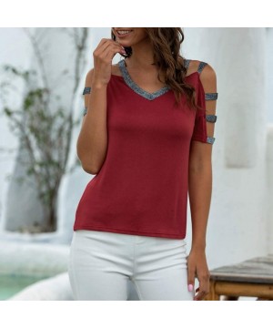 Thermal Underwear Women V-Neck Spliced Cut-Out Strapless T-Shirt Summer Casual Short Sleeved Tops - Wine - C7197K2I0CI