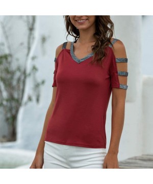 Thermal Underwear Women V-Neck Spliced Cut-Out Strapless T-Shirt Summer Casual Short Sleeved Tops - Wine - C7197K2I0CI