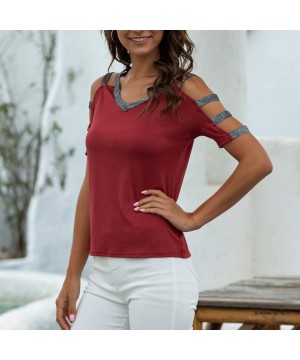 Thermal Underwear Women V-Neck Spliced Cut-Out Strapless T-Shirt Summer Casual Short Sleeved Tops - Wine - C7197K2I0CI