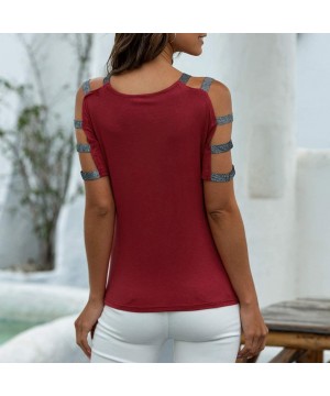 Thermal Underwear Women V-Neck Spliced Cut-Out Strapless T-Shirt Summer Casual Short Sleeved Tops - Wine - C7197K2I0CI