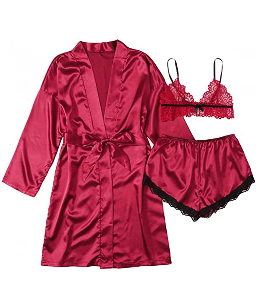 Sets Women's 3 Piece Pajamas Set Sexy Satin Robe Lace Spaggetti Strap Wrap Cami Tops and Shorts Pink - Red - C719ELWXN93