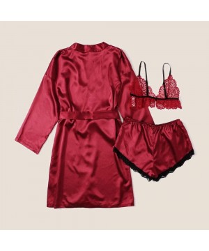 Sets Women's 3 Piece Pajamas Set Sexy Satin Robe Lace Spaggetti Strap Wrap Cami Tops and Shorts Pink - Red - C719ELWXN93