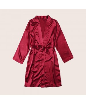 Sets Women's 3 Piece Pajamas Set Sexy Satin Robe Lace Spaggetti Strap Wrap Cami Tops and Shorts Pink - Red - C719ELWXN93