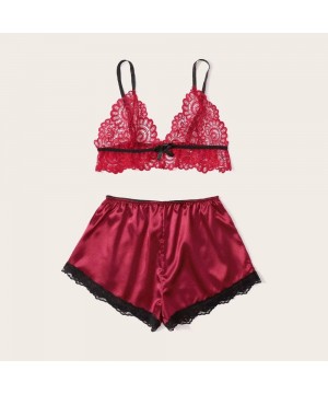 Sets Women's 3 Piece Pajamas Set Sexy Satin Robe Lace Spaggetti Strap Wrap Cami Tops and Shorts Pink - Red - C719ELWXN93