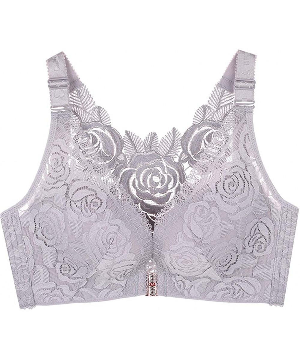 Bras Women's Comfortable Front Closure Flora Lace Back Wire Free Push Up Bra - Grey - C8196IW4HTW