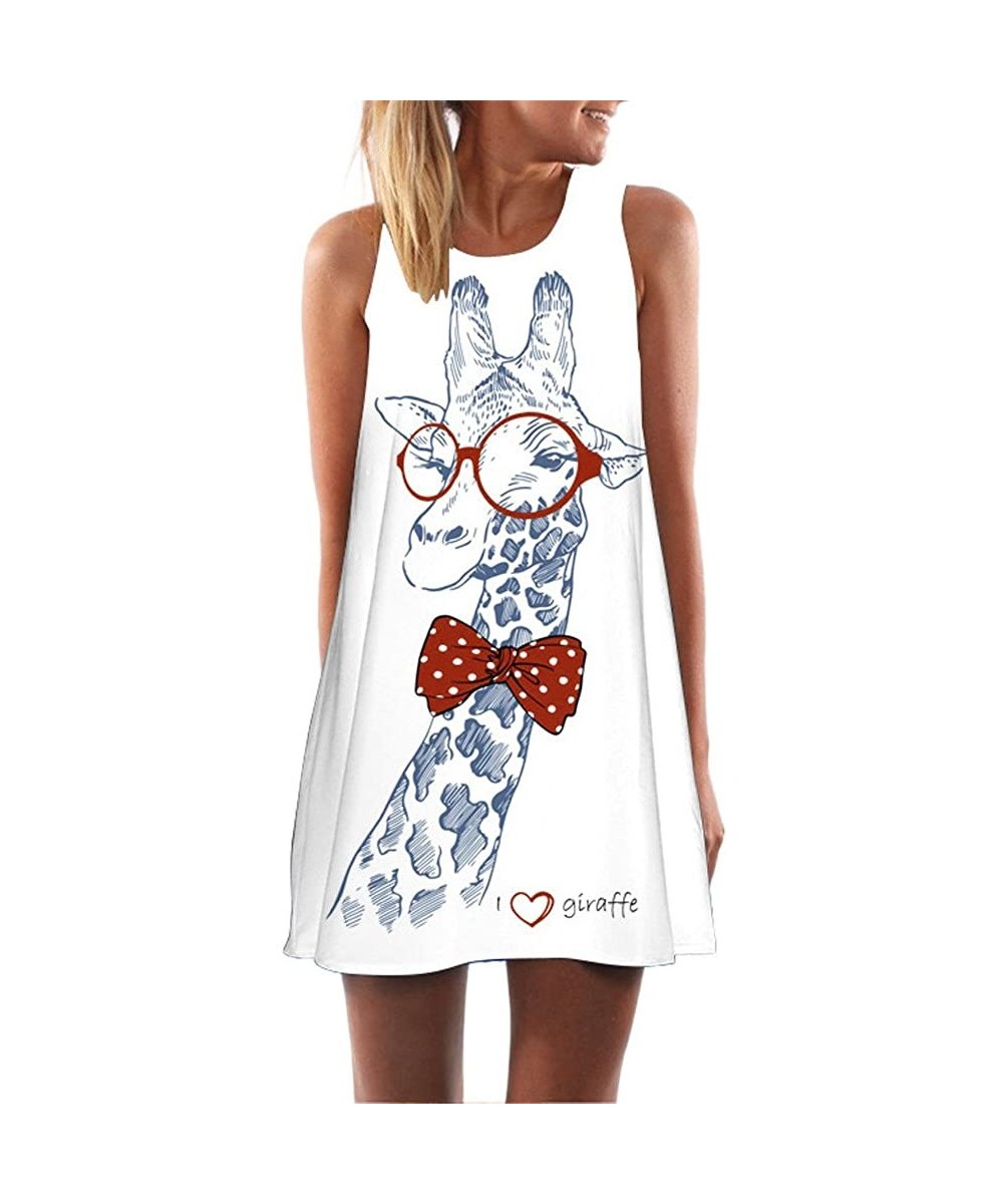 Slips Women Tank Short Mini Dress Shirt Sundress Loose Giraffe Print A-Line Sleeveless Summer Vacation Beach Dress - White - ...