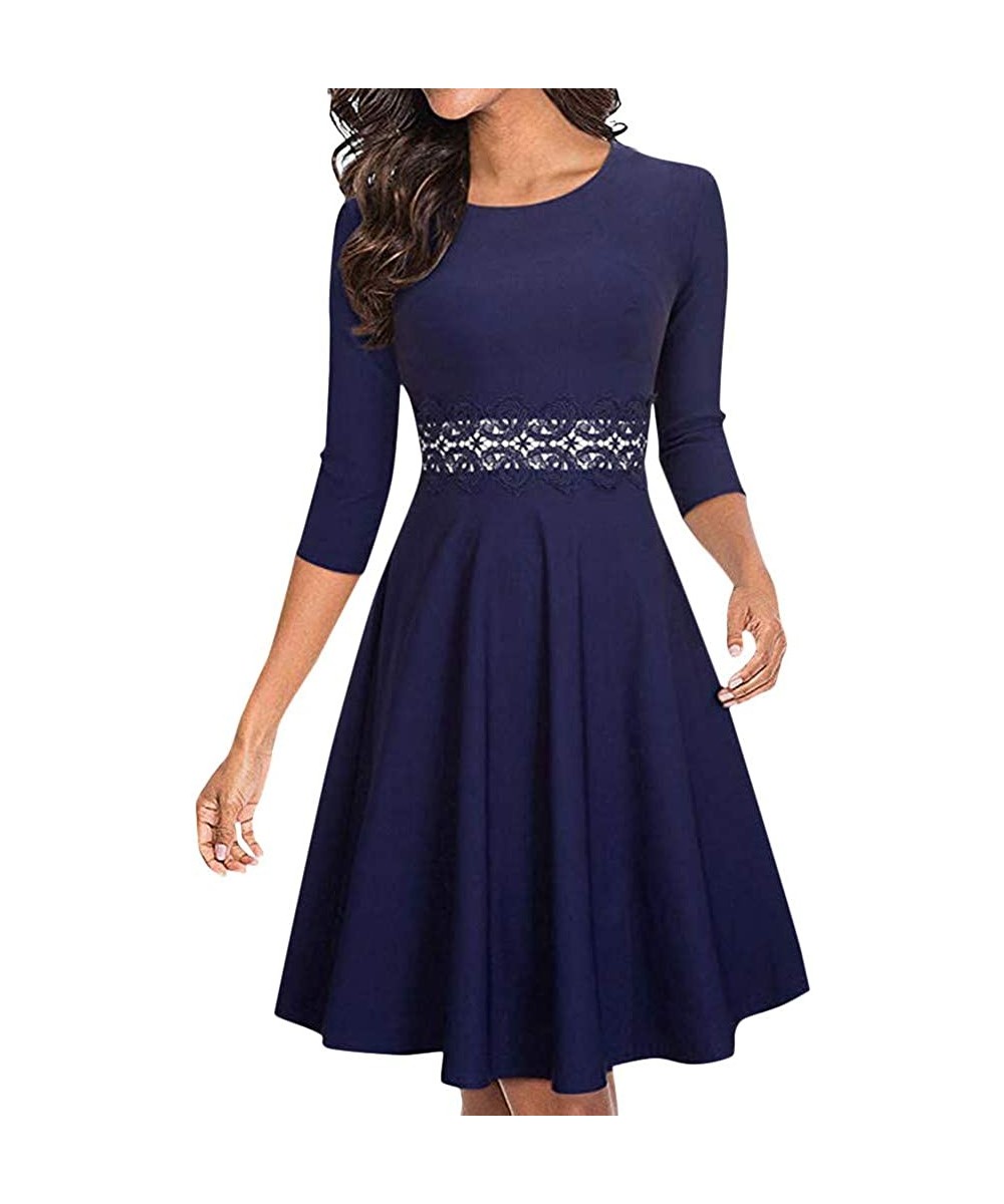 Slips Womens Midi Dress Sleeve Solid O Neck Casual Pleated Loose Vintage Retro Swing Dresses with Lace - Navy - CX18TUEKSQL