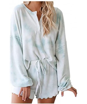 Sets Tie Dye Pajamas for Women Loungewear Ruffle Long Sleeve Short 2 Piece Outfits Set Sleepwear Nightwear - Blue - CR190LKO2XH