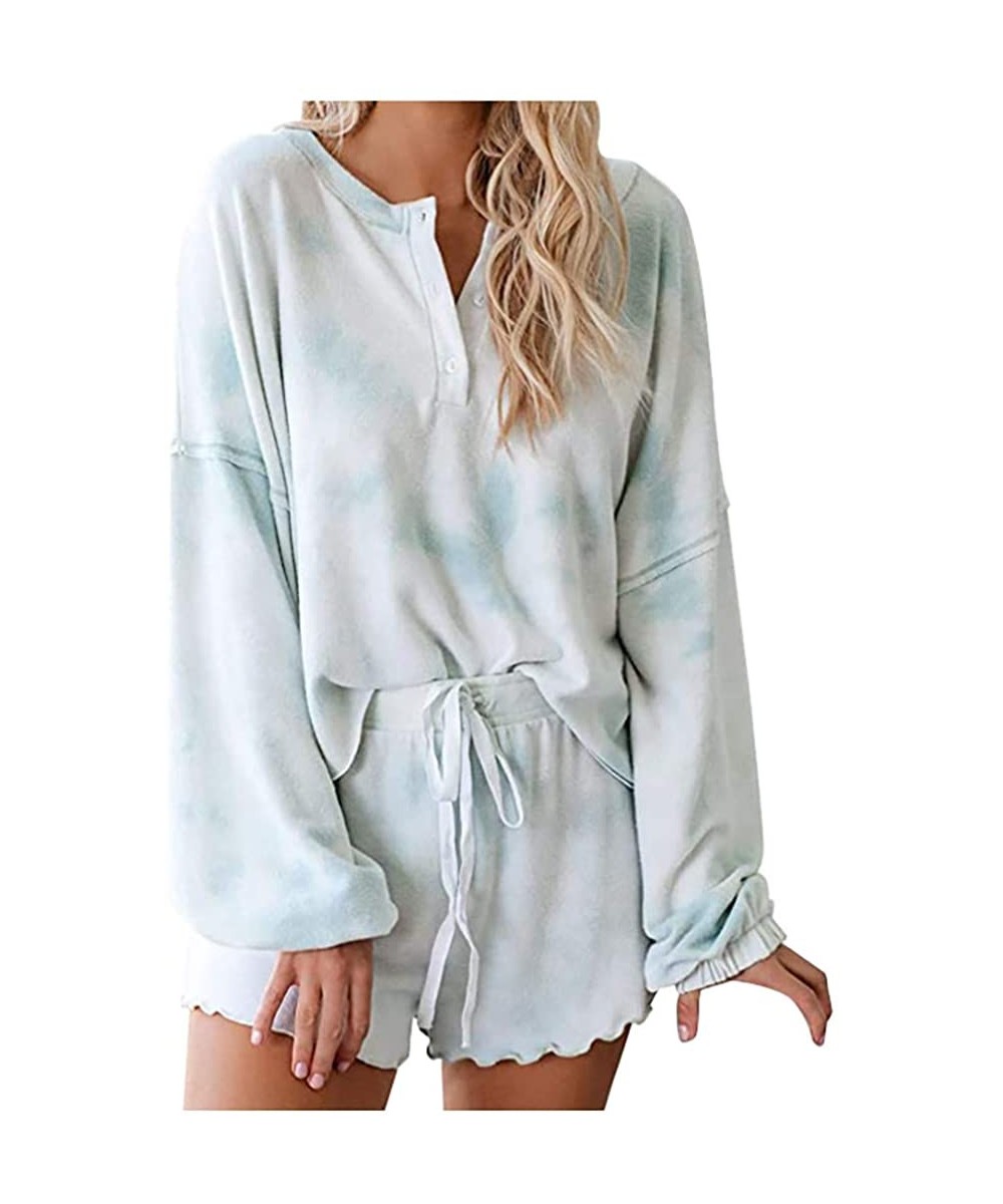 Sets Tie Dye Pajamas for Women Loungewear Ruffle Long Sleeve Short 2 Piece Outfits Set Sleepwear Nightwear - Blue - CR190LKO2XH