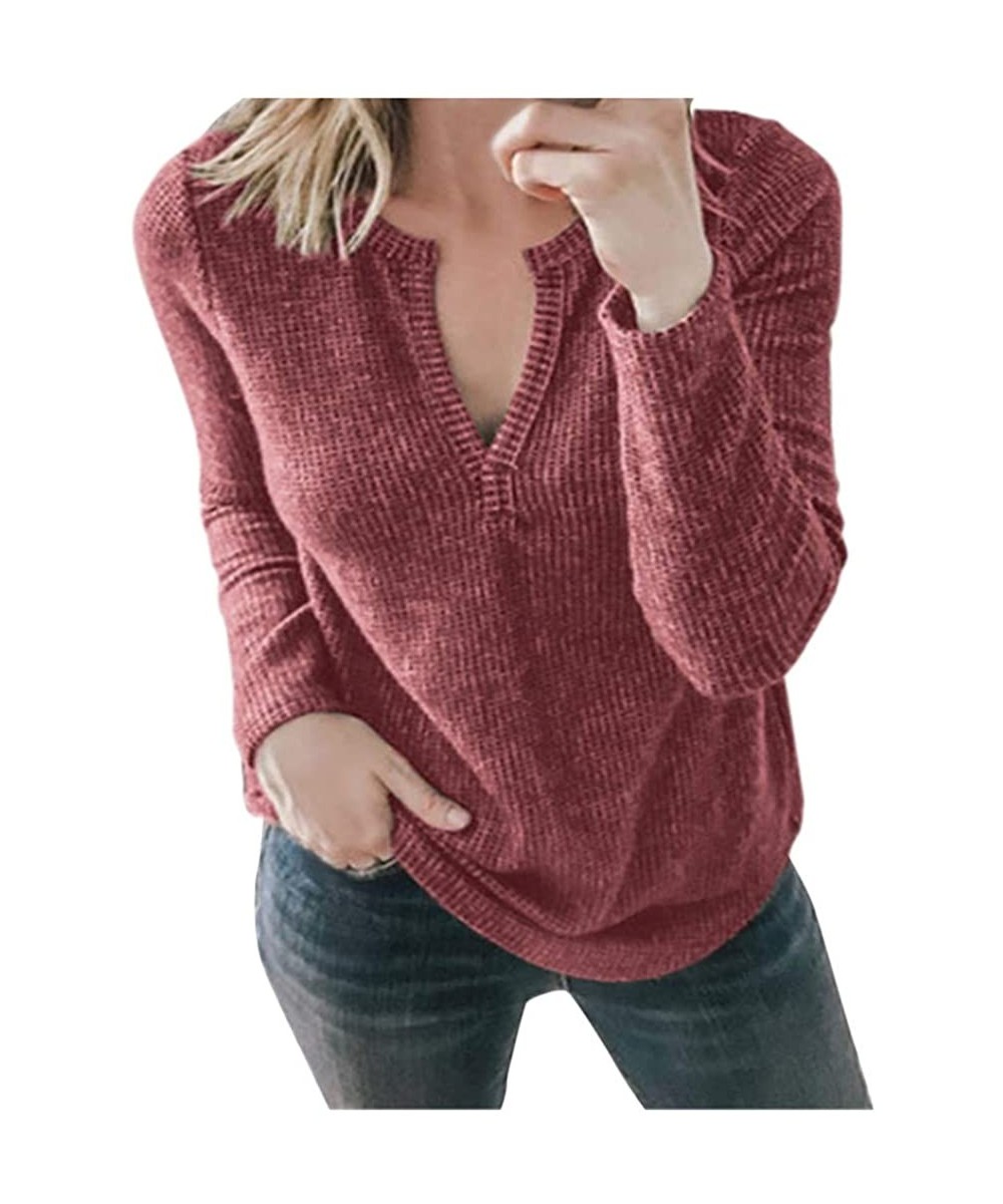 Sets Womens V Neck Casual Solid Color Pullovers Long Sleeves Solid Color Sweatshirt Tunics Blouse Tops - Wine - CZ194G2KM0O