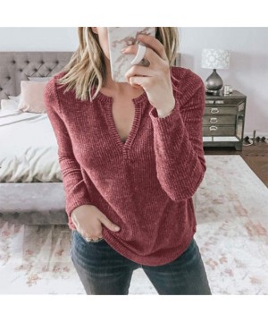 Sets Womens V Neck Casual Solid Color Pullovers Long Sleeves Solid Color Sweatshirt Tunics Blouse Tops - Wine - CZ194G2KM0O