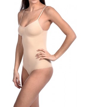 Shapewear Women's Slimming Bodysuit Shaper with Thong Bottom and Lace Trim. - Nude - CM12DS8DHP7