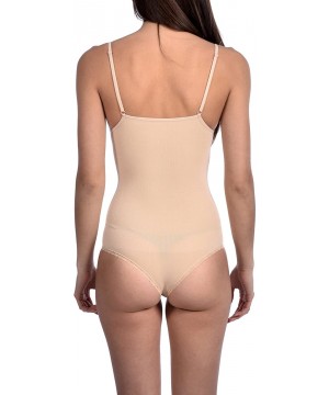 Shapewear Women's Slimming Bodysuit Shaper with Thong Bottom and Lace Trim. - Nude - CM12DS8DHP7