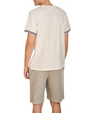 Sleep Sets Men's Summer Pajama Set Short Sleeve and Shorts Cotton Lounge Sleepwear - Beige - C71987UCZXO