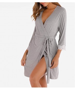 Robes Women Kimono Robes 100% Cotton Lightweight Robe Short Knit Bathrobe Lace Cuffs Soft Sleepwear Ladies Loungewear 01 grey...