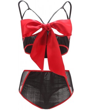 Baby Dolls & Chemises Unwrap Me Babydoll Red Bow Lingerie Set Sleepwear - Red/Black Sets - CB18NGL9R6C