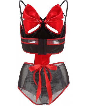 Baby Dolls & Chemises Unwrap Me Babydoll Red Bow Lingerie Set Sleepwear - Red/Black Sets - CB18NGL9R6C